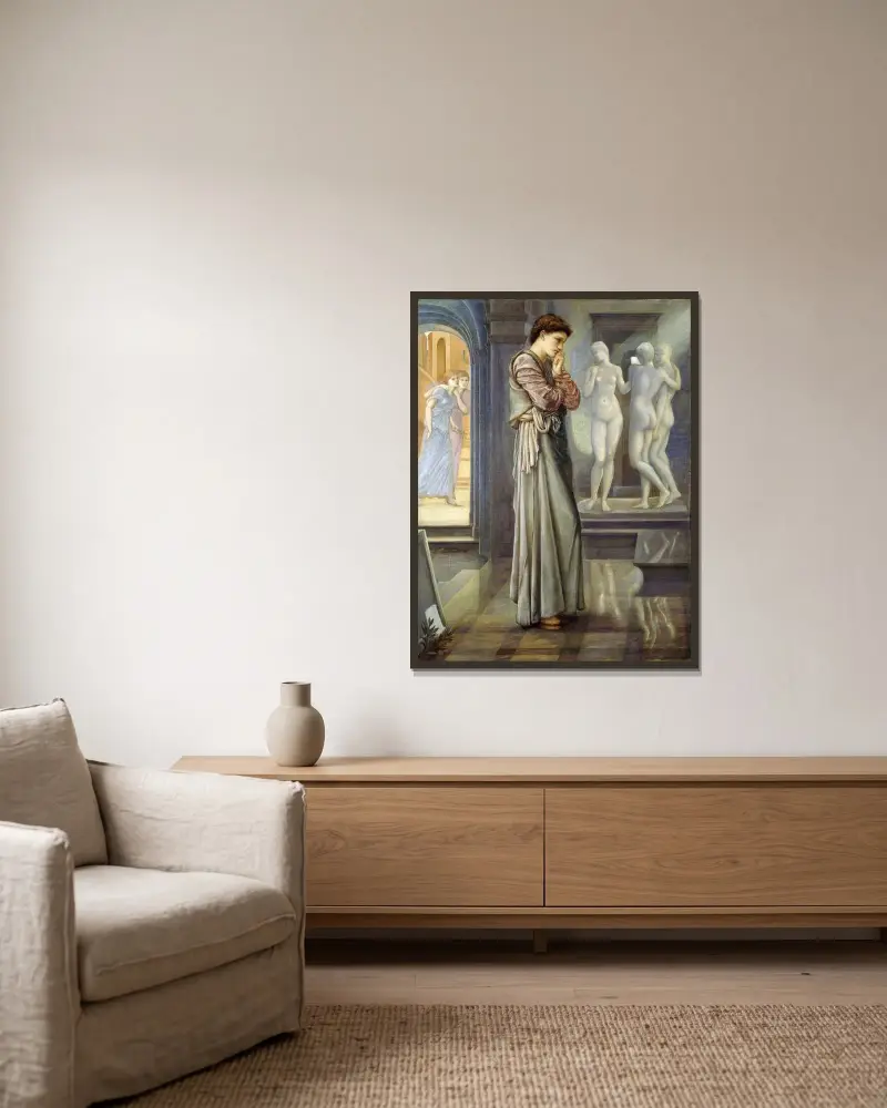 Pygmalion och bilden – Hjärtats begär av Sir Edward Coley Burne-Jones inramad på en vägg