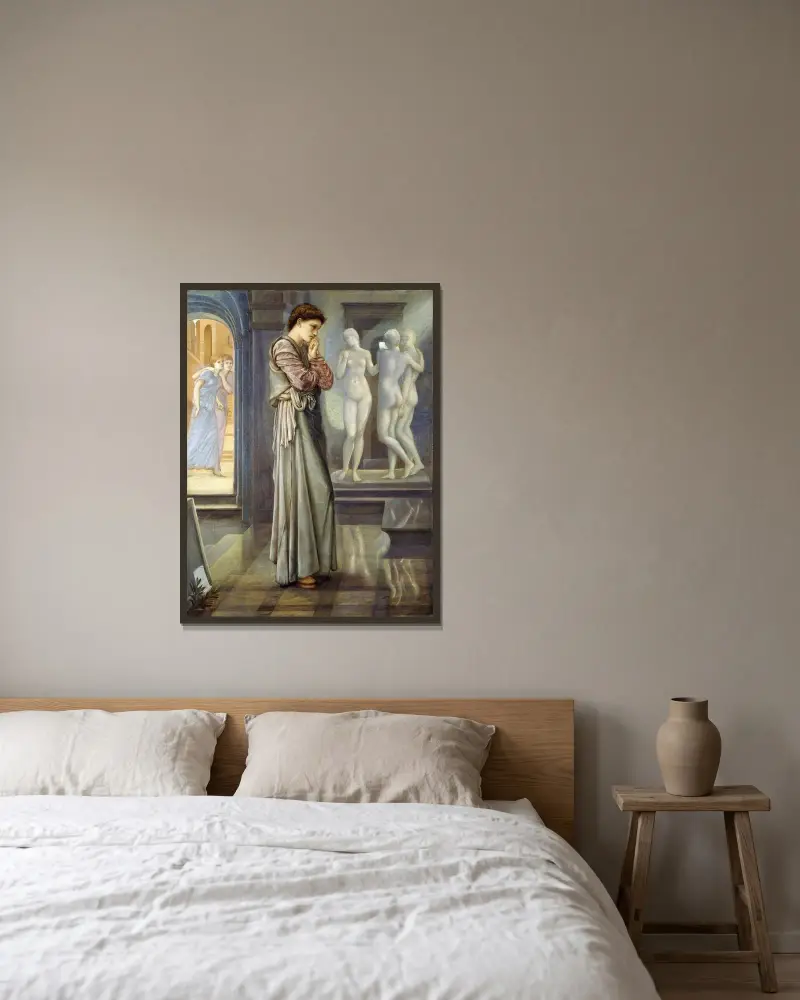 Pygmalion och bilden – Hjärtats begär av Sir Edward Coley Burne-Jones inramad på en vägg