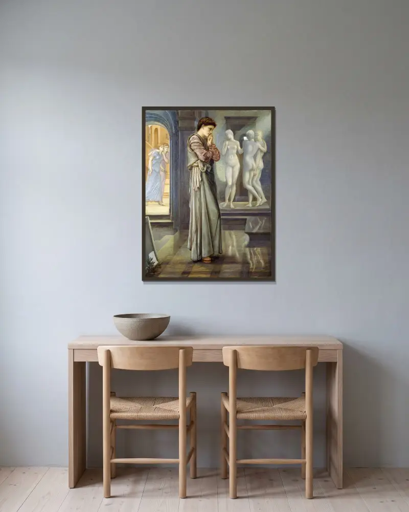 Pygmalion och bilden – Hjärtats begär av Sir Edward Coley Burne-Jones inramad på en vägg