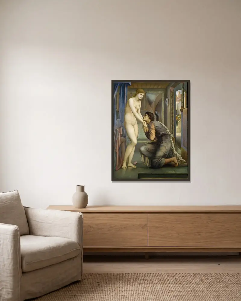 Pygmalion och bilden – Själen uppnår av Sir Edward Coley Burne-Jones inramad på en vägg