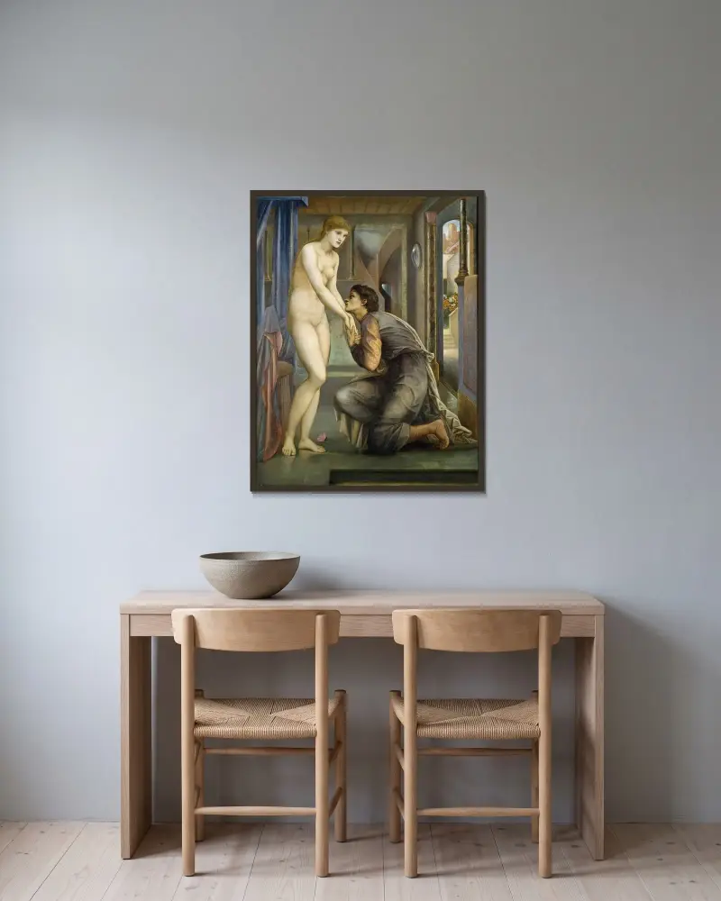 Pygmalion och bilden – Själen uppnår av Sir Edward Coley Burne-Jones inramad på en vägg