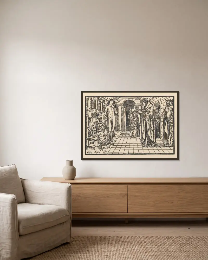Budbärarna återvänder med oraklet av Sir Edward Coley Burne-Jones inramad på en vägg