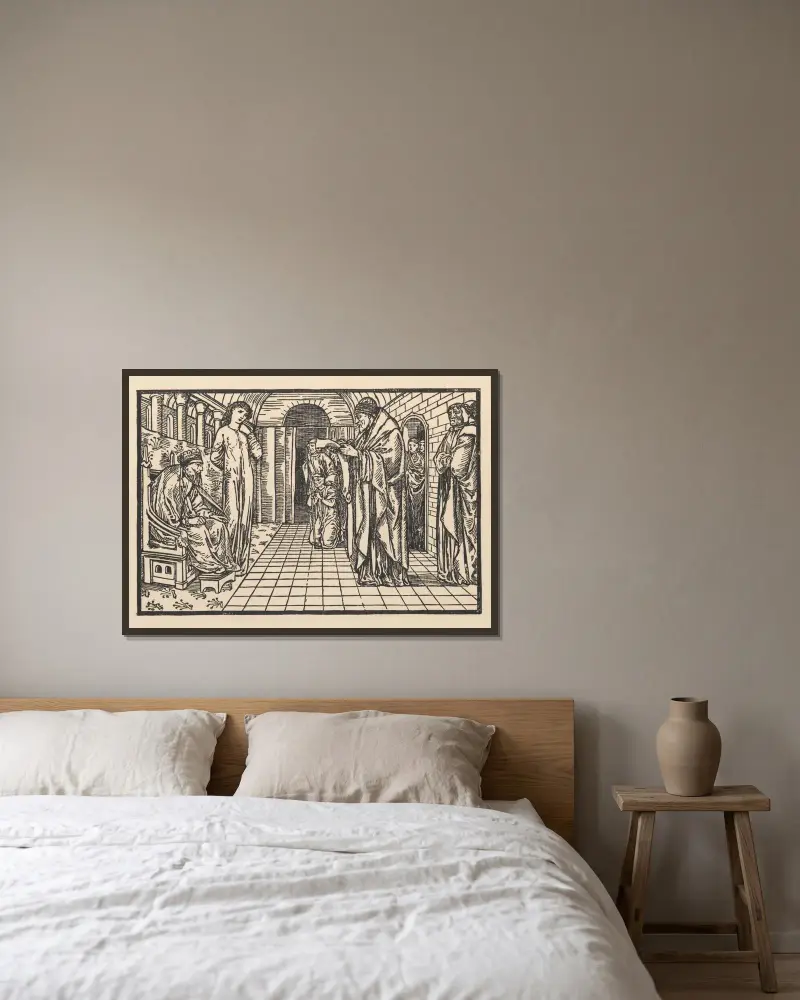 Budbärarna återvänder med oraklet av Sir Edward Coley Burne-Jones inramad på en vägg