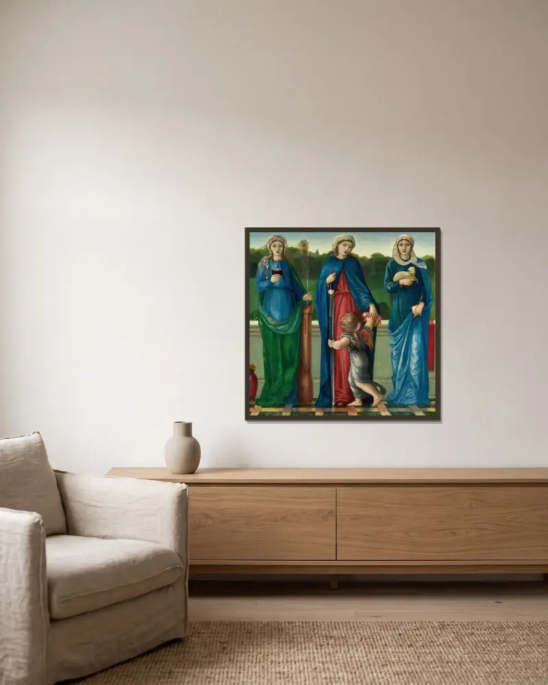 Sankta Barbara, Sankta Dorotea och Sankta Agnes av Sir Edward Coley Burne-Jones inramad på en vägg