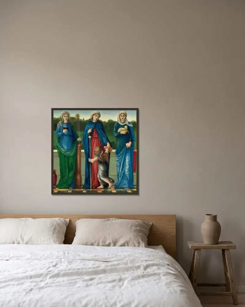 Sankta Barbara, Sankta Dorotea och Sankta Agnes av Sir Edward Coley Burne-Jones inramad på en vägg