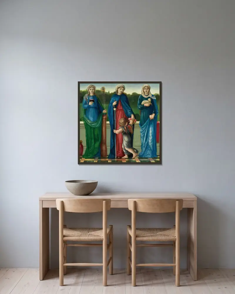 Sankta Barbara, Sankta Dorotea och Sankta Agnes av Sir Edward Coley Burne-Jones inramad på en vägg