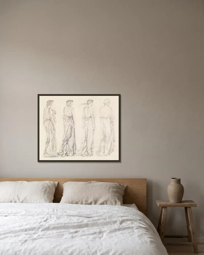 Die St.-Georg-Serie – Vier Studien weiblicher Begleitfiguren für „Die Prinzessin wird zum Drachen geführt“ von Sir Edward Coley Burne-Jones gerahmt an einer Wand