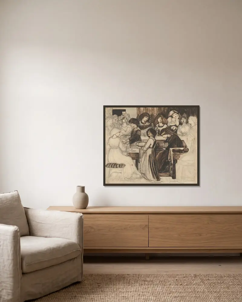 Studie till Sir Degrevaunts bröllopsfest av Sir Edward Coley Burne-Jones inramad på en vägg