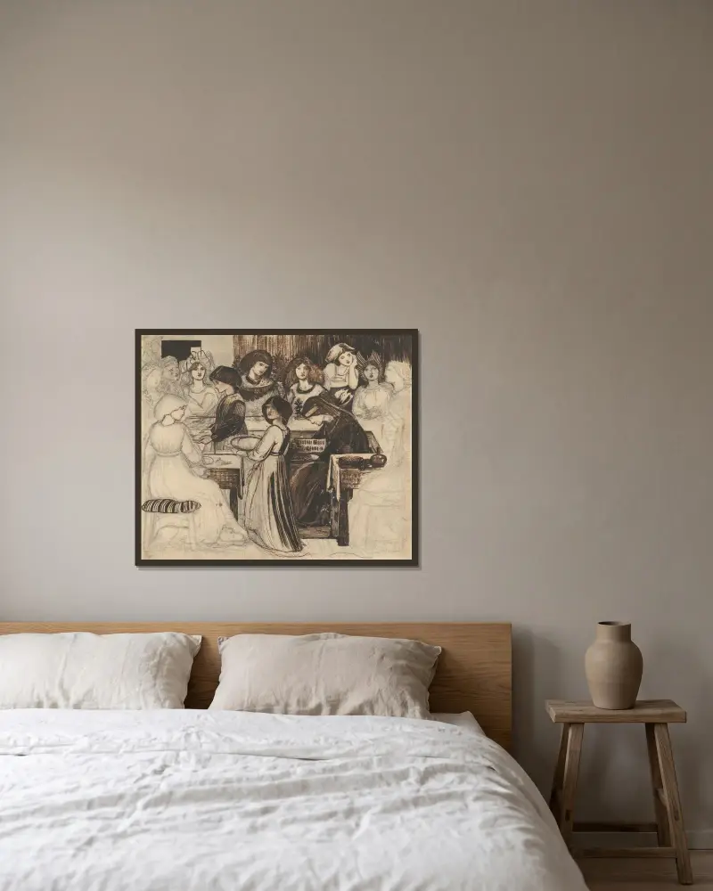Studie till Sir Degrevaunts bröllopsfest av Sir Edward Coley Burne-Jones inramad på en vägg