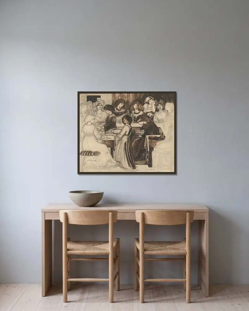 Studie till Sir Degrevaunts bröllopsfest av Sir Edward Coley Burne-Jones inramad på en vägg
