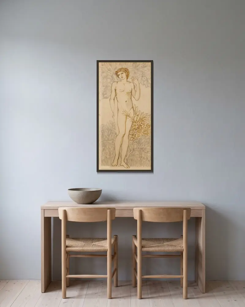 Hierarkins änglar – Manlig nakenstudie – Imago Dei 'I Guds avbild – Adam' av Sir Edward Coley Burne-Jones inramad på en vägg