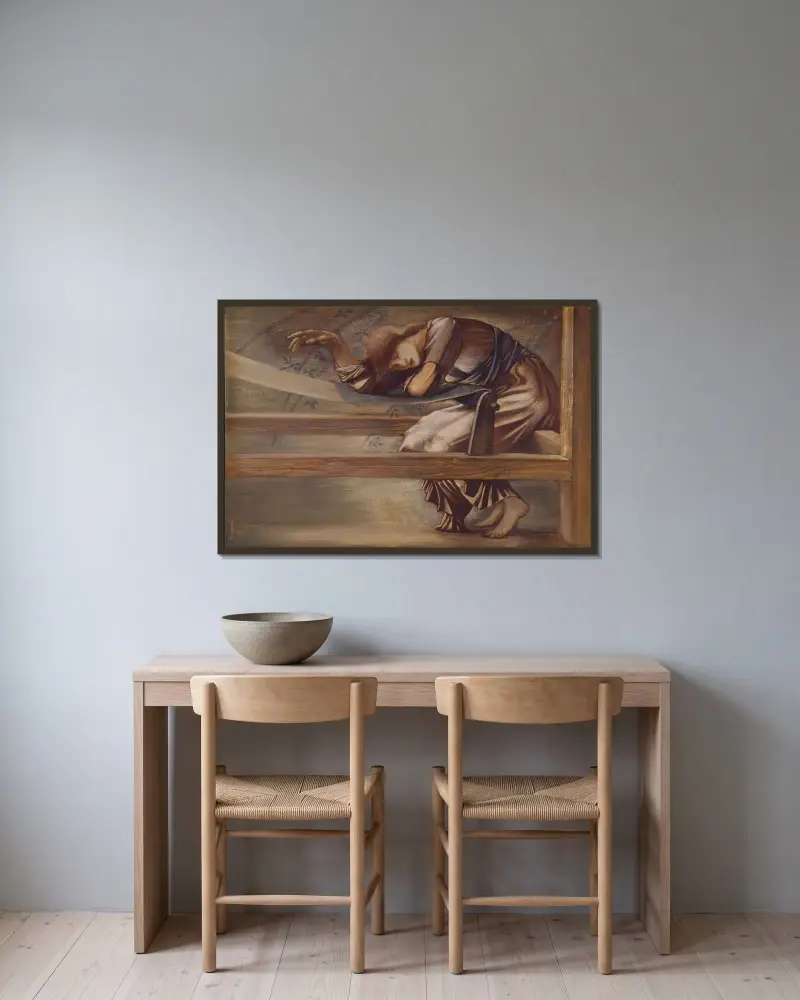 Die Dornröschen-Serie – Studie für „Der Gartensaal“ – Nr. 1 von Sir Edward Coley Burne-Jones gerahmt an einer Wand