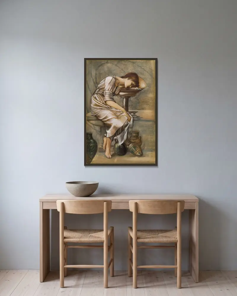 Törnrosserien – Studie till ”Trädgårdsgården”, 1889 – nr 2 av Sir Edward Coley Burne-Jones inramad på en vägg