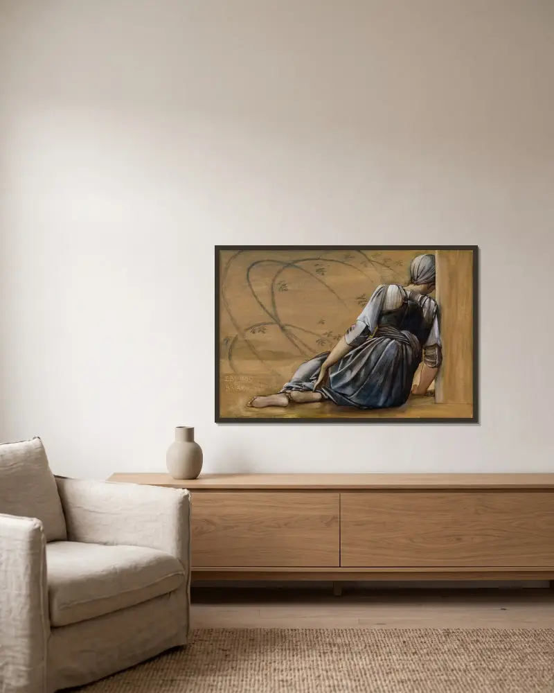 Törnrosserien – Studie till ”Trädgårdsgården” II av Sir Edward Coley Burne-Jones inramad på en vägg