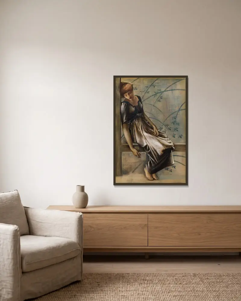Die Dornröschen-Serie – Studie für den ‚Gartenhof‘ III von Sir Edward Coley Burne-Jones gerahmt an einer Wand