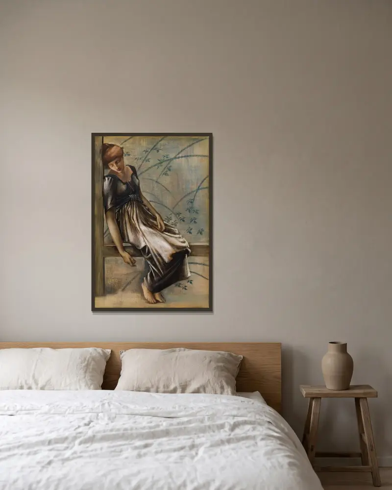 Die Dornröschen-Serie – Studie für den ‚Gartenhof‘ III von Sir Edward Coley Burne-Jones gerahmt an einer Wand