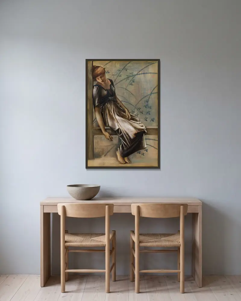 Die Dornröschen-Serie – Studie für den ‚Gartenhof‘ III von Sir Edward Coley Burne-Jones gerahmt an einer Wand