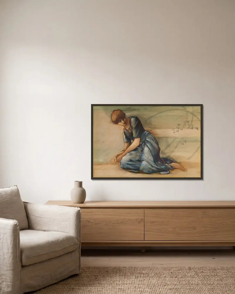 Törnrosserien – Studie till ”Trädgårdsgården” IV av Sir Edward Coley Burne-Jones inramad på en vägg