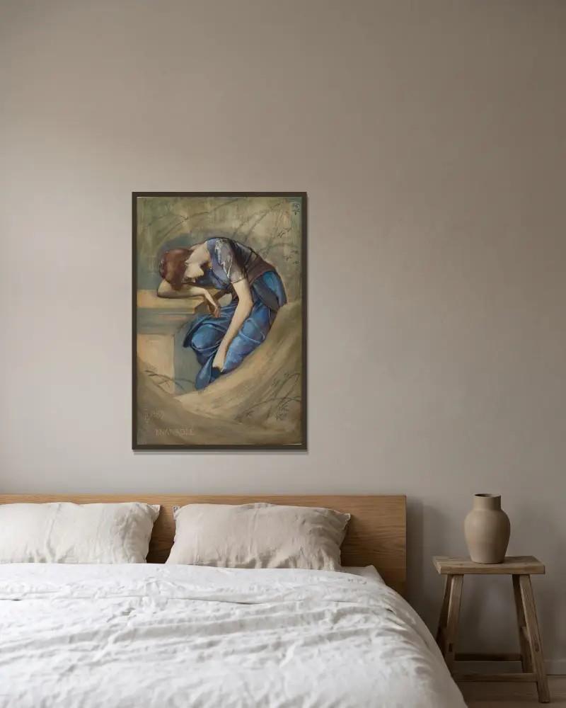 Törnrosserien – Studie till 'Trädgårdsgården', 1889 – nr 1 av Sir Edward Coley Burne-Jones inramad på en vägg