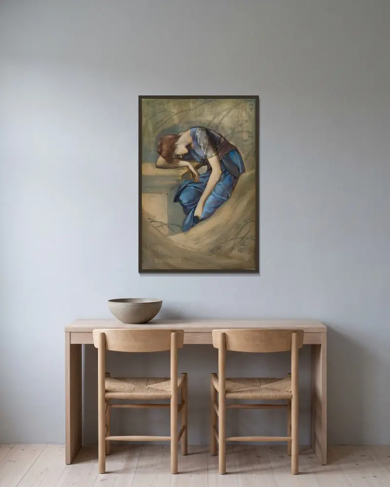 Törnrosserien – Studie till 'Trädgårdsgården', 1889 – nr 1 av Sir Edward Coley Burne-Jones inramad på en vägg