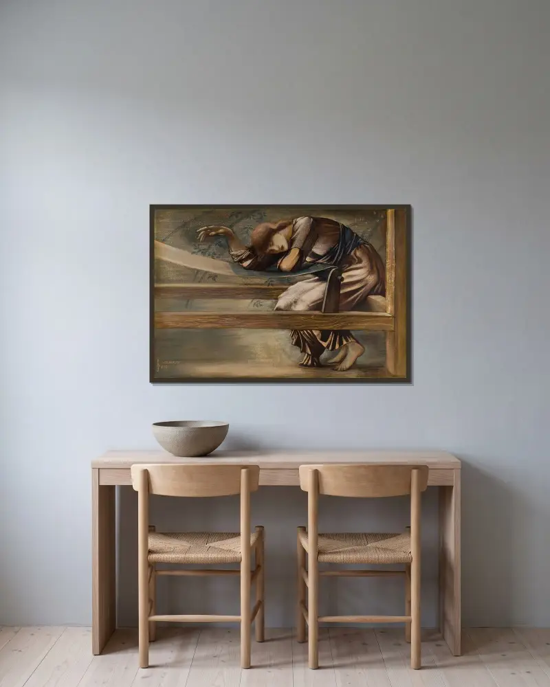 Törnrosserien – Studie till ”Trädgårdsgården” V av Sir Edward Coley Burne-Jones inramad på en vägg