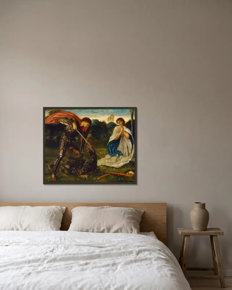 Striden; S:t Göran dödar draken VI av Sir Edward Coley Burne-Jones inramad på en vägg