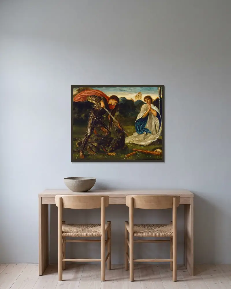Striden; S:t Göran dödar draken VI av Sir Edward Coley Burne-Jones inramad på en vägg