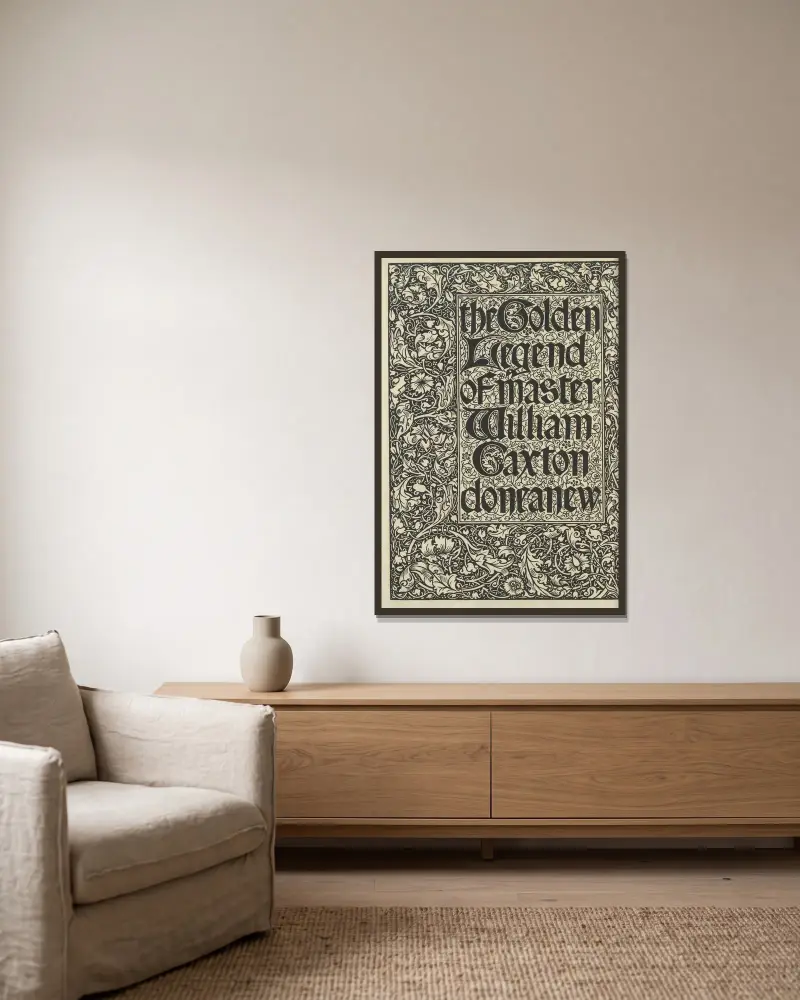 The Golden Legend of Master William Caxton done anew – titelblad av Sir Edward Coley Burne-Jones inramad på en vägg
