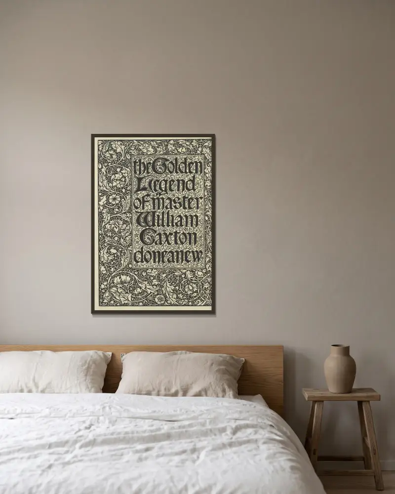 The Golden Legend of Master William Caxton done anew – titelblad av Sir Edward Coley Burne-Jones inramad på en vägg