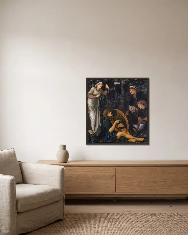 Sir Tristrams vansinne – nr 1 av Sir Edward Coley Burne-Jones inramad på en vägg
