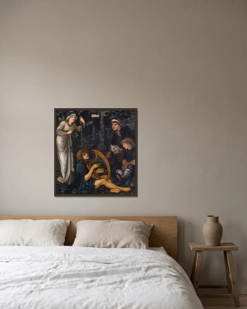 Sir Tristrams vansinne – nr 1 av Sir Edward Coley Burne-Jones inramad på en vägg