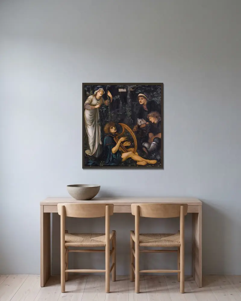 Sir Tristrams vansinne – nr 1 av Sir Edward Coley Burne-Jones inramad på en vägg