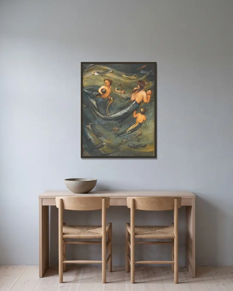 Sjöjungfrufamiljen av Sir Edward Coley Burne-Jones inramad på en vägg