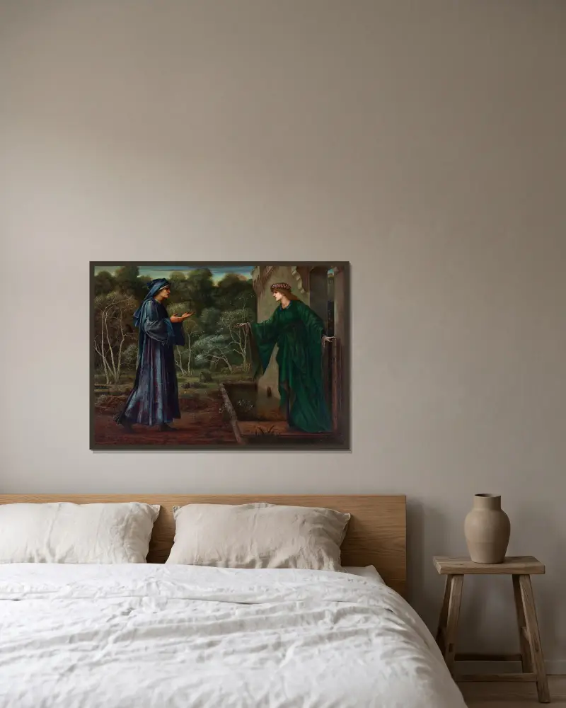 Pilgrimen vid lättjans port av Sir Edward Coley Burne-Jones inramad på en vägg