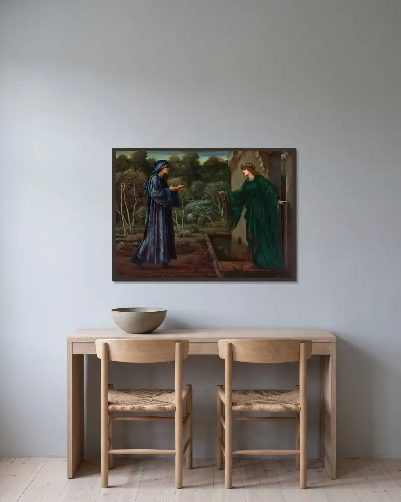 Pilgrimen vid lättjans port av Sir Edward Coley Burne-Jones inramad på en vägg