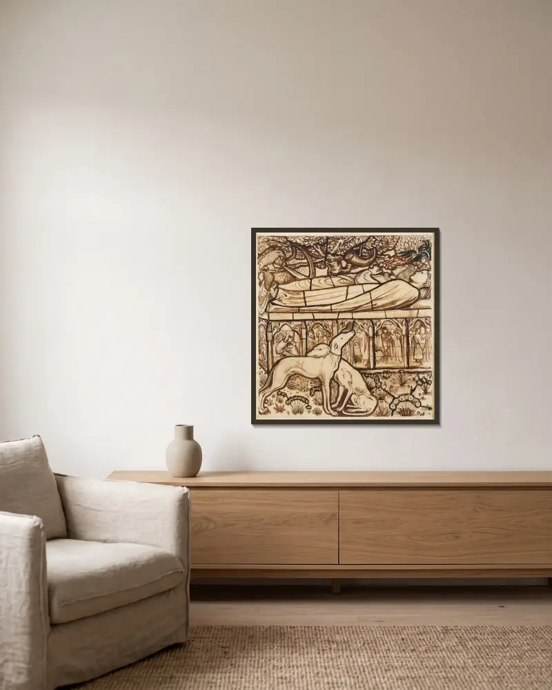 Das Grab von Tristan und Isolde von Sir Edward Coley Burne-Jones gerahmt an einer Wand