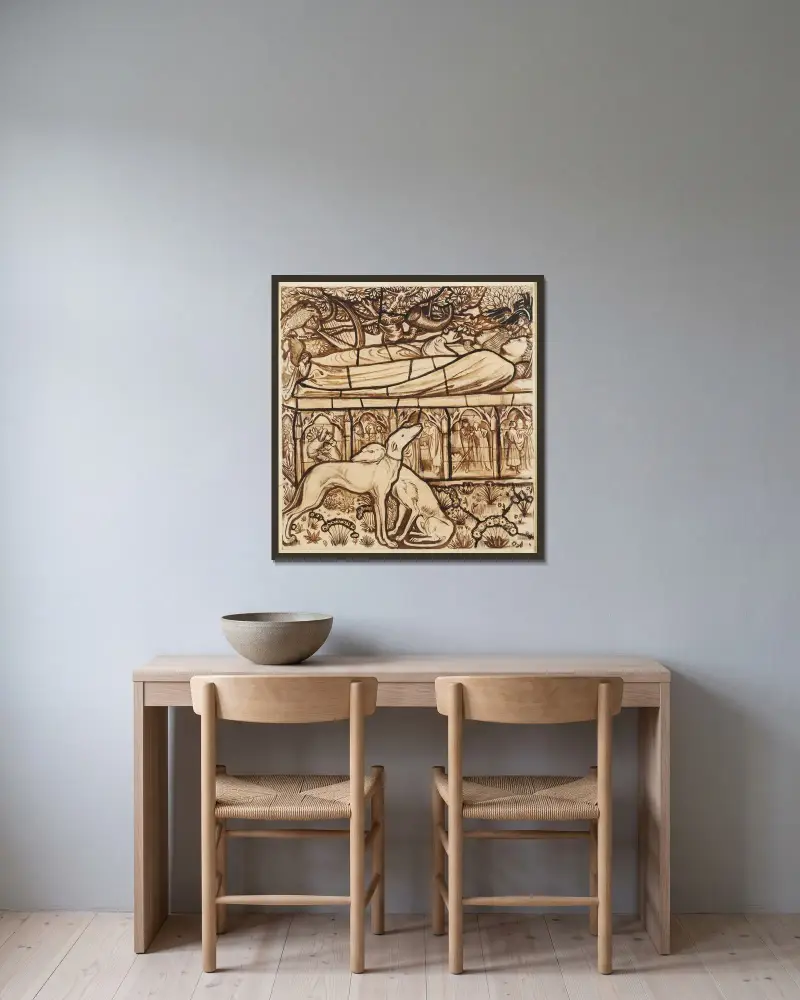Das Grab von Tristan und Isolde von Sir Edward Coley Burne-Jones gerahmt an einer Wand