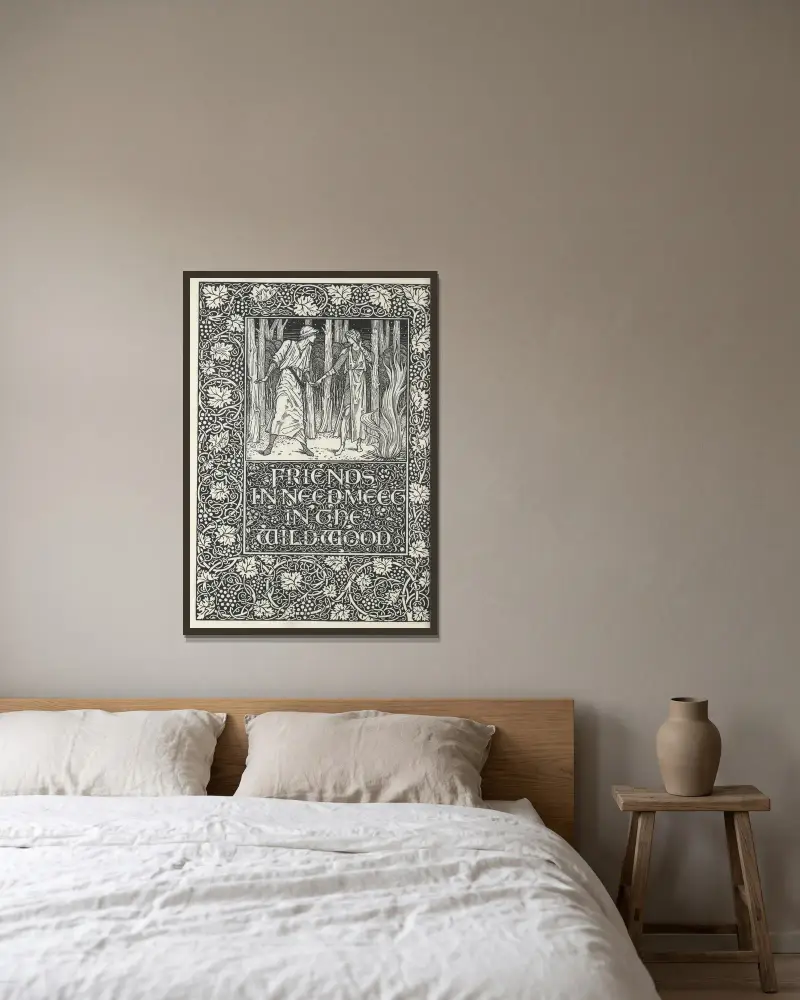 Brunnen vid världens ände – vänner i nöd möts i vildskogen av Sir Edward Coley Burne-Jones inramad på en vägg