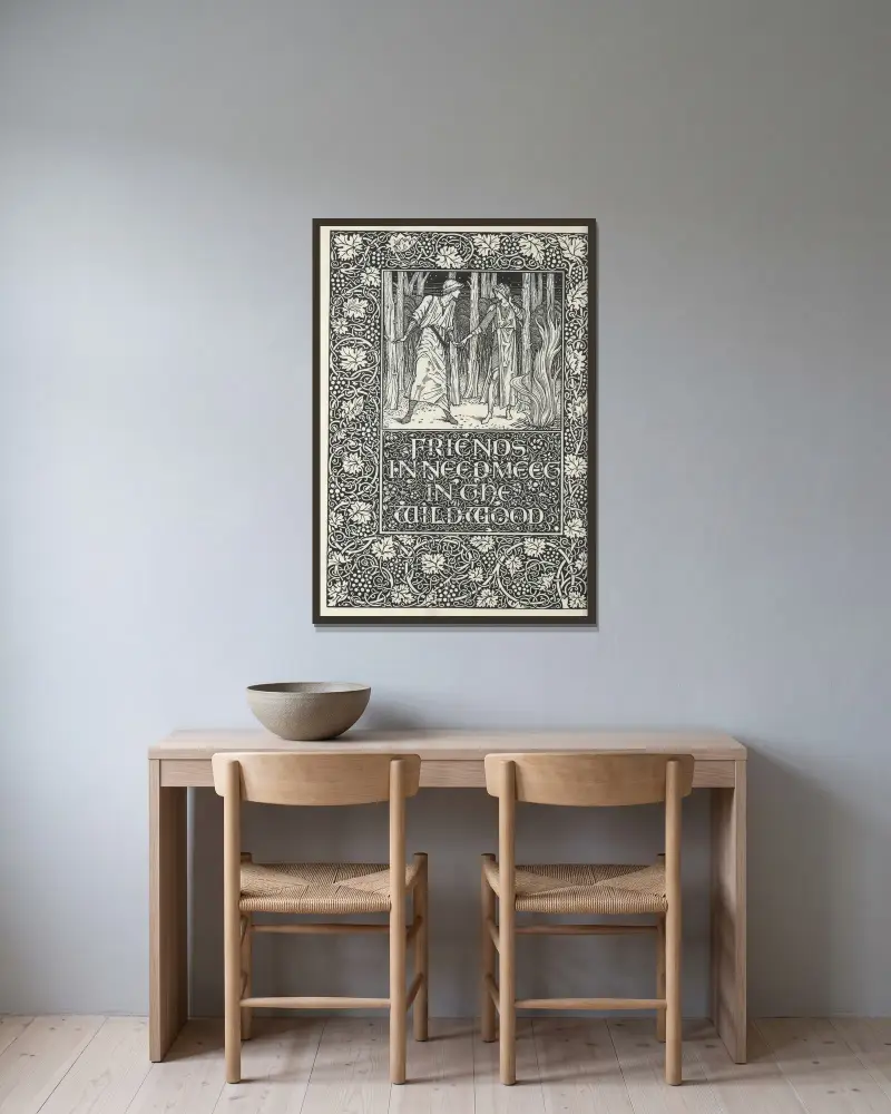 Brunnen vid världens ände – vänner i nöd möts i vildskogen av Sir Edward Coley Burne-Jones inramad på en vägg