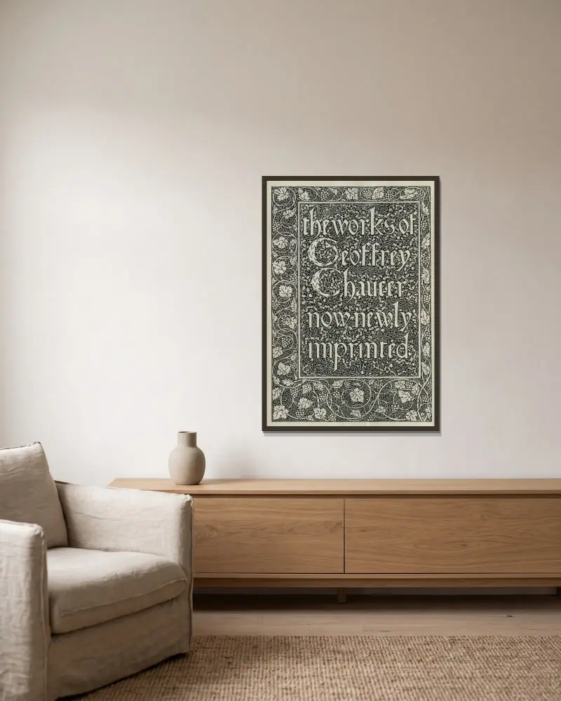 The Works of Geoffrey Chaucer, plansch 1 av Sir Edward Coley Burne-Jones inramad på en vägg