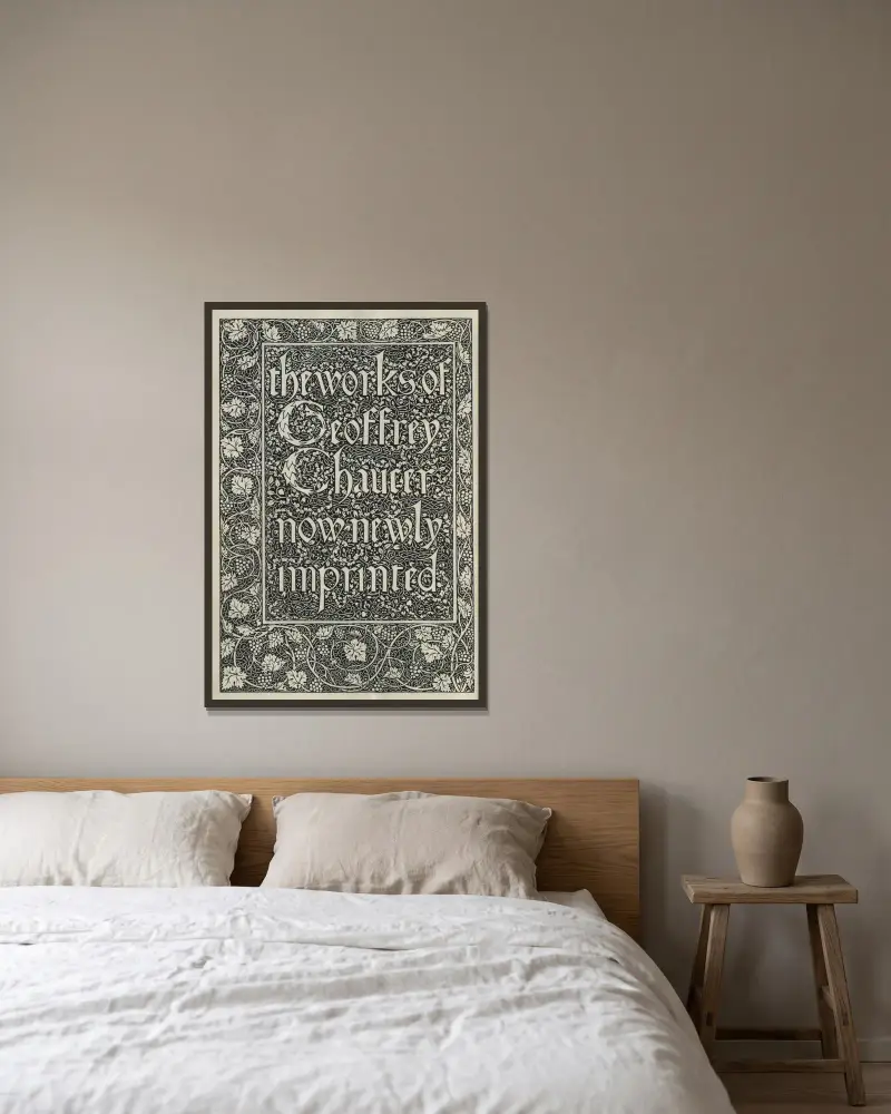 The Works of Geoffrey Chaucer, plansch 1 av Sir Edward Coley Burne-Jones inramad på en vägg