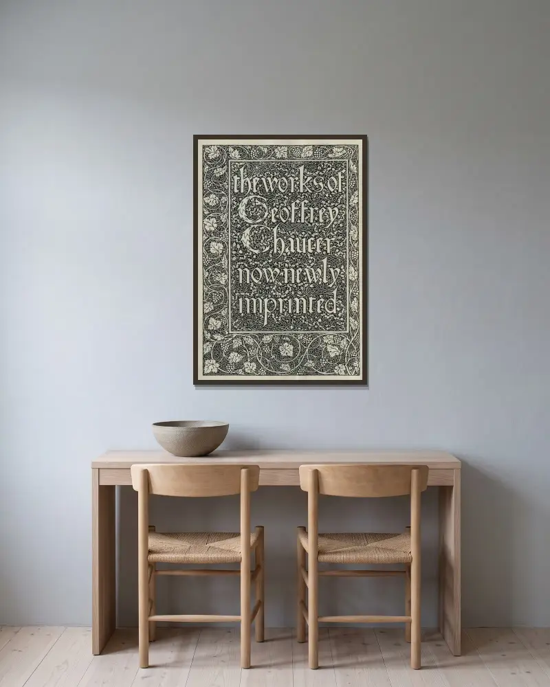 The Works of Geoffrey Chaucer, plansch 1 av Sir Edward Coley Burne-Jones inramad på en vägg