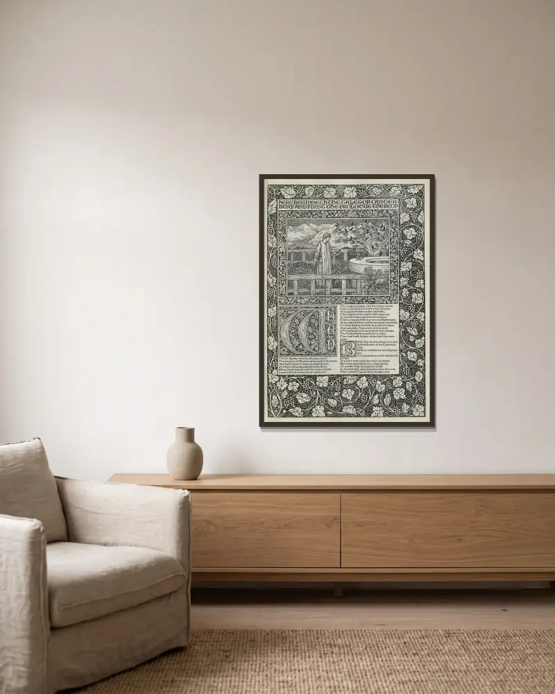 Die Werke von Geoffrey Chaucer, Taf. 02 von Sir Edward Coley Burne-Jones gerahmt an einer Wand