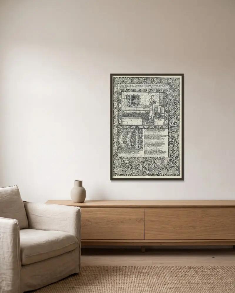 Die Werke von Geoffrey Chaucer Taf. 03 von Sir Edward Coley Burne-Jones gerahmt an einer Wand