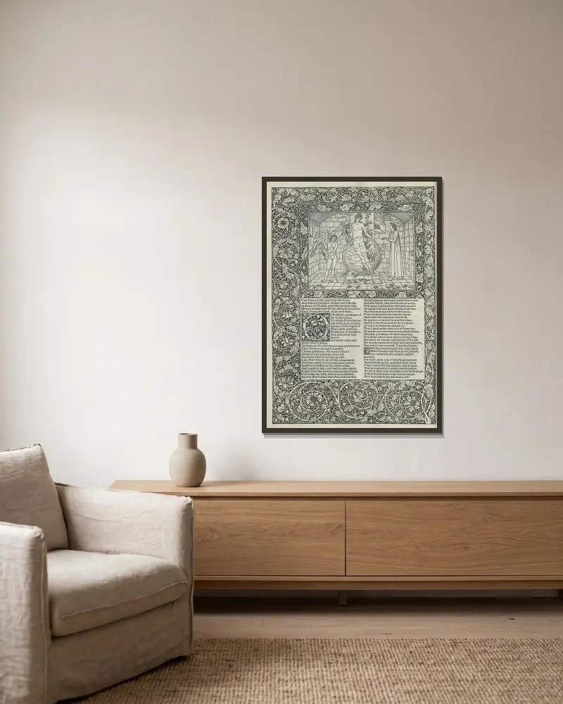 The Works of Geoffrey Chaucer, plansch 5 av Sir Edward Coley Burne-Jones inramad på en vägg