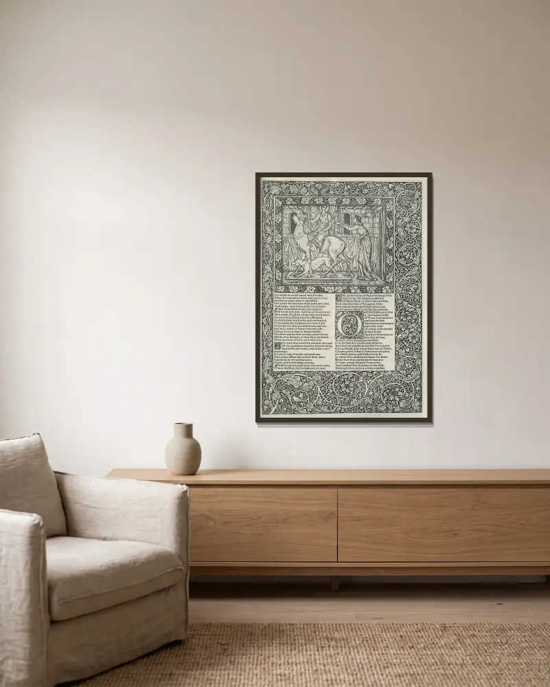 The Works of Geoffrey Chaucer, plansch 6 av Sir Edward Coley Burne-Jones inramad på en vägg