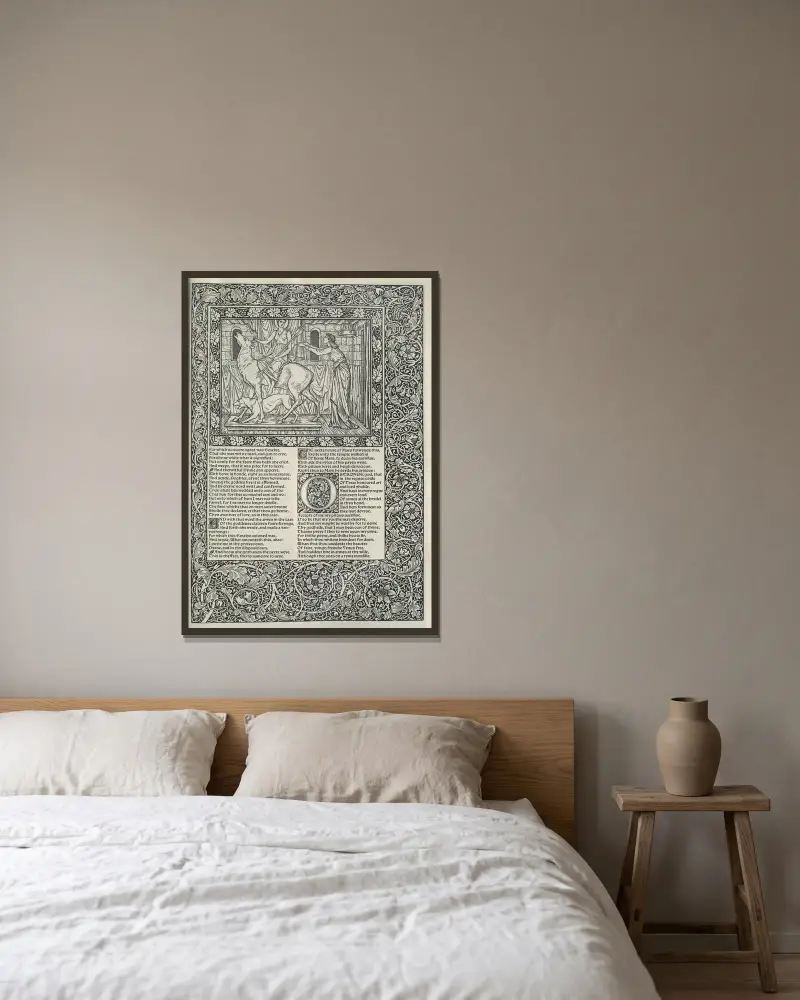 The Works of Geoffrey Chaucer, plansch 6 av Sir Edward Coley Burne-Jones inramad på en vägg