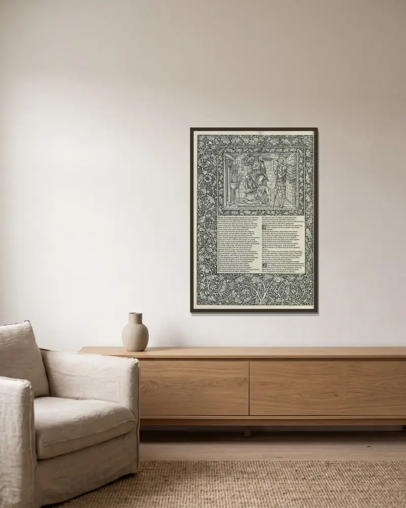 Geoffrey Chaucers verk, plansch 7 av Sir Edward Coley Burne-Jones inramad på en vägg