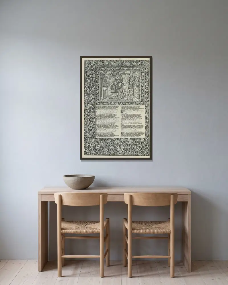 Geoffrey Chaucers verk, plansch 7 av Sir Edward Coley Burne-Jones inramad på en vägg