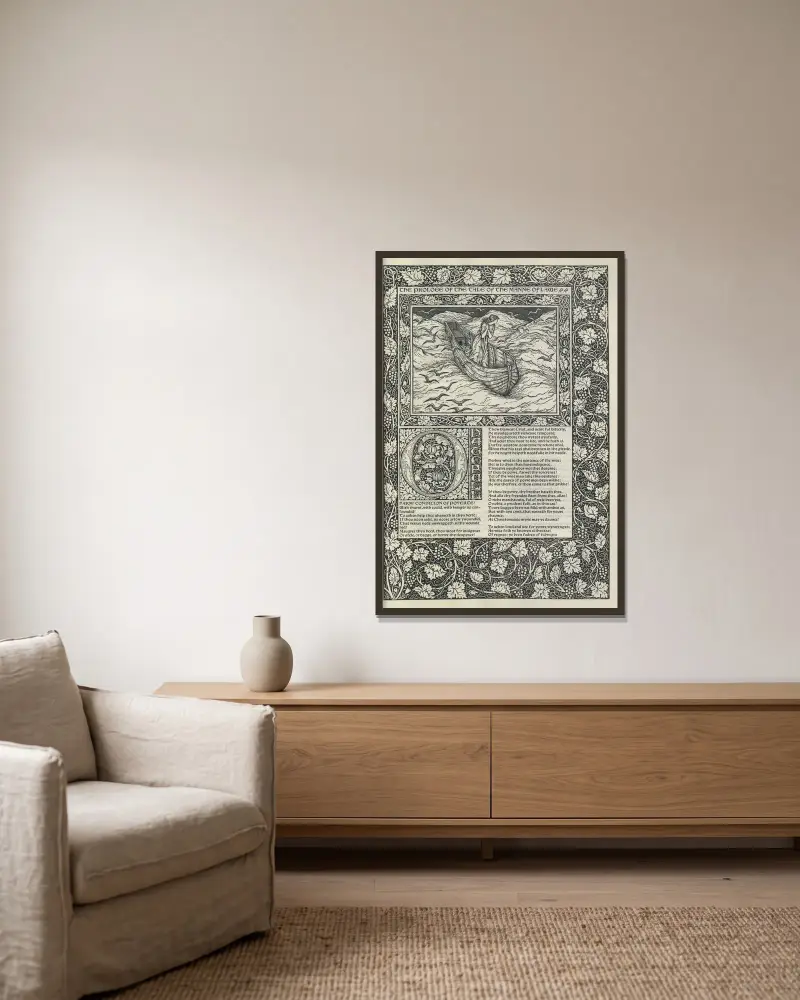 Geoffrey Chaucers verk, plansch 9 av Sir Edward Coley Burne-Jones inramad på en vägg